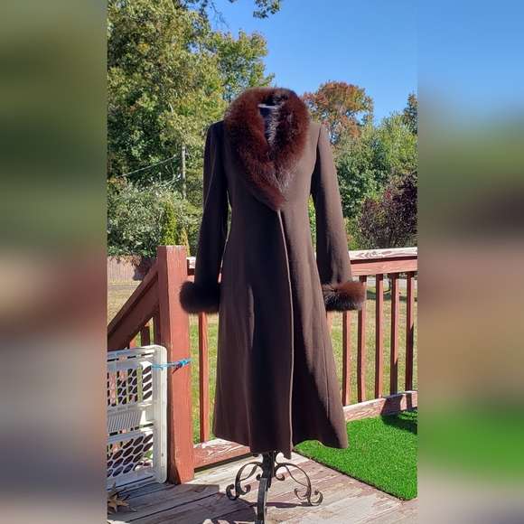 Marvin Richards Jackets & Blazers - Vintage Marvin Richards Brown Wool Fox Fur Collar Long Coat Size 4